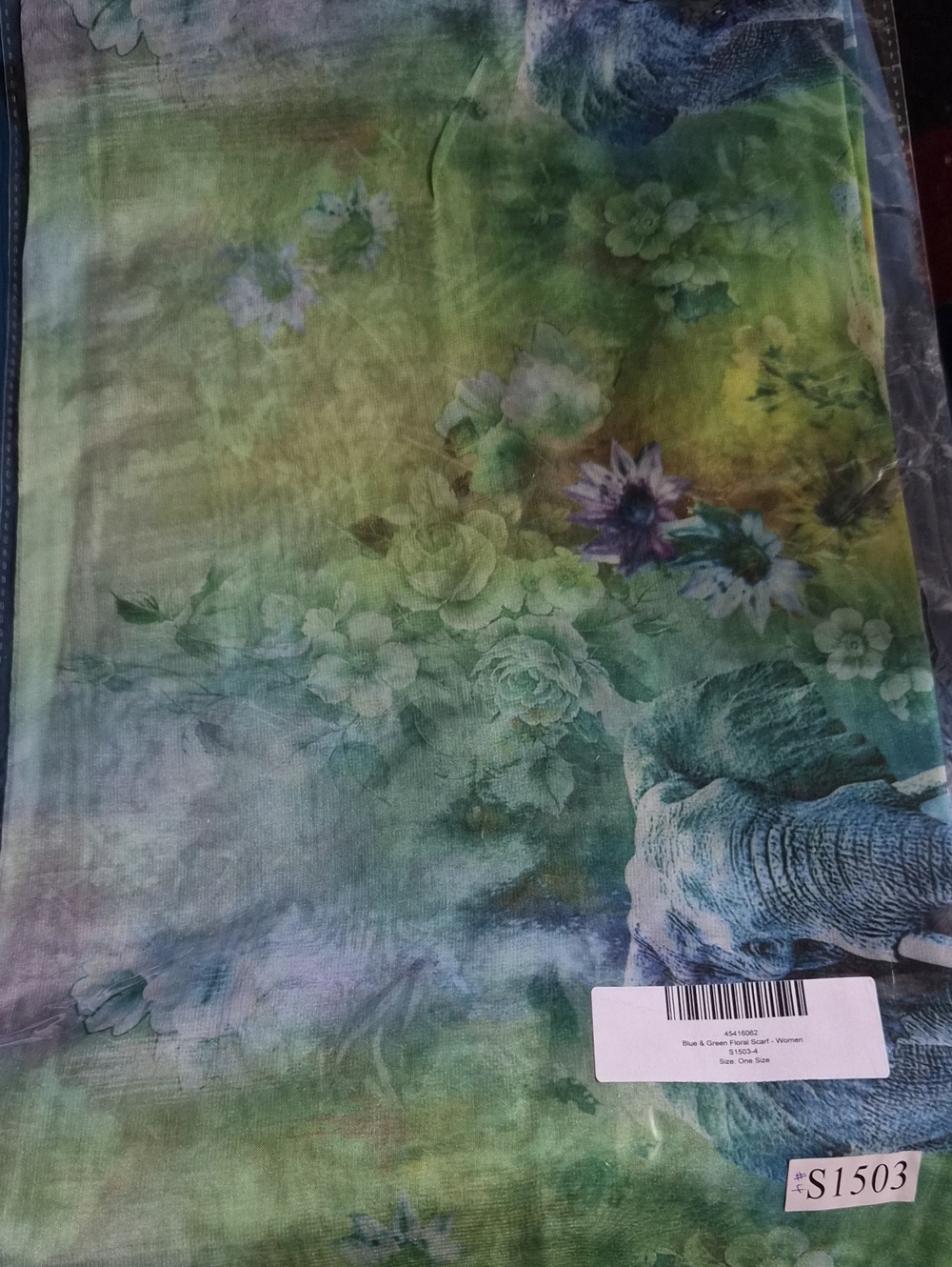 MAX ACCESSORIES Blue/Green Elephant Silk Like Scarf - Picture 3 of 6